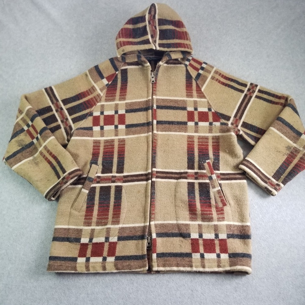 VTG Norm Thompson Jacket Mens Large Beige Plaid Wool Full Zip Baja Drug Rug 90s